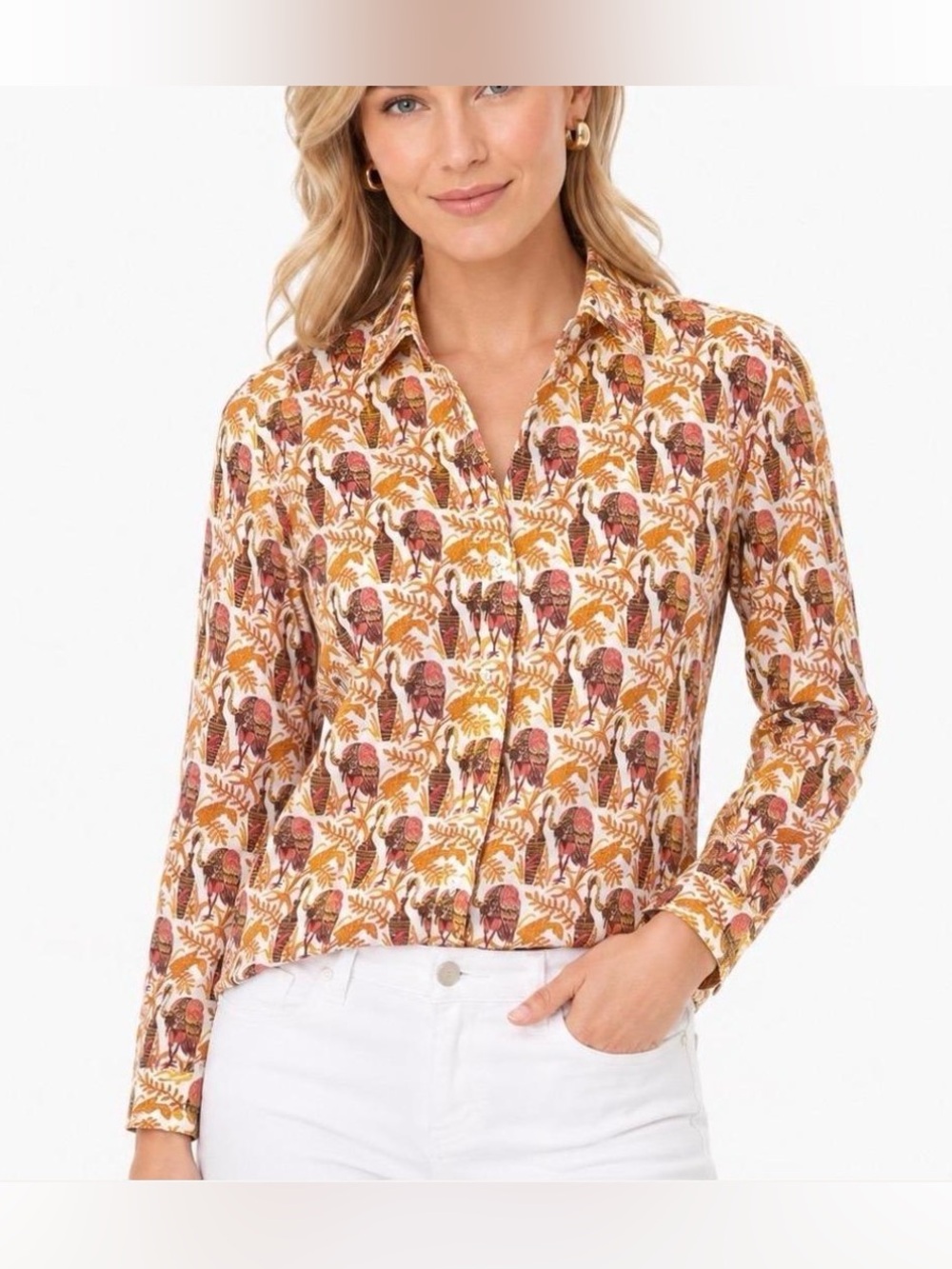J. McLaughlin “Lois” Button-Up Blouse - Rare Bird/Stork Print Size Small